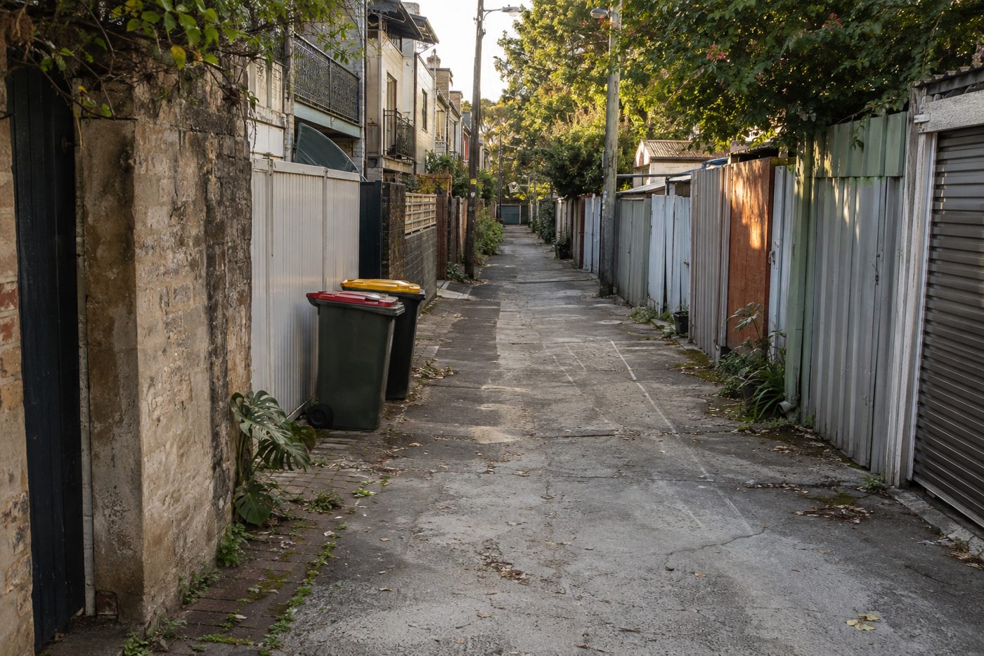 Quiet Sydney residential laneway behind terrace homes at dusk