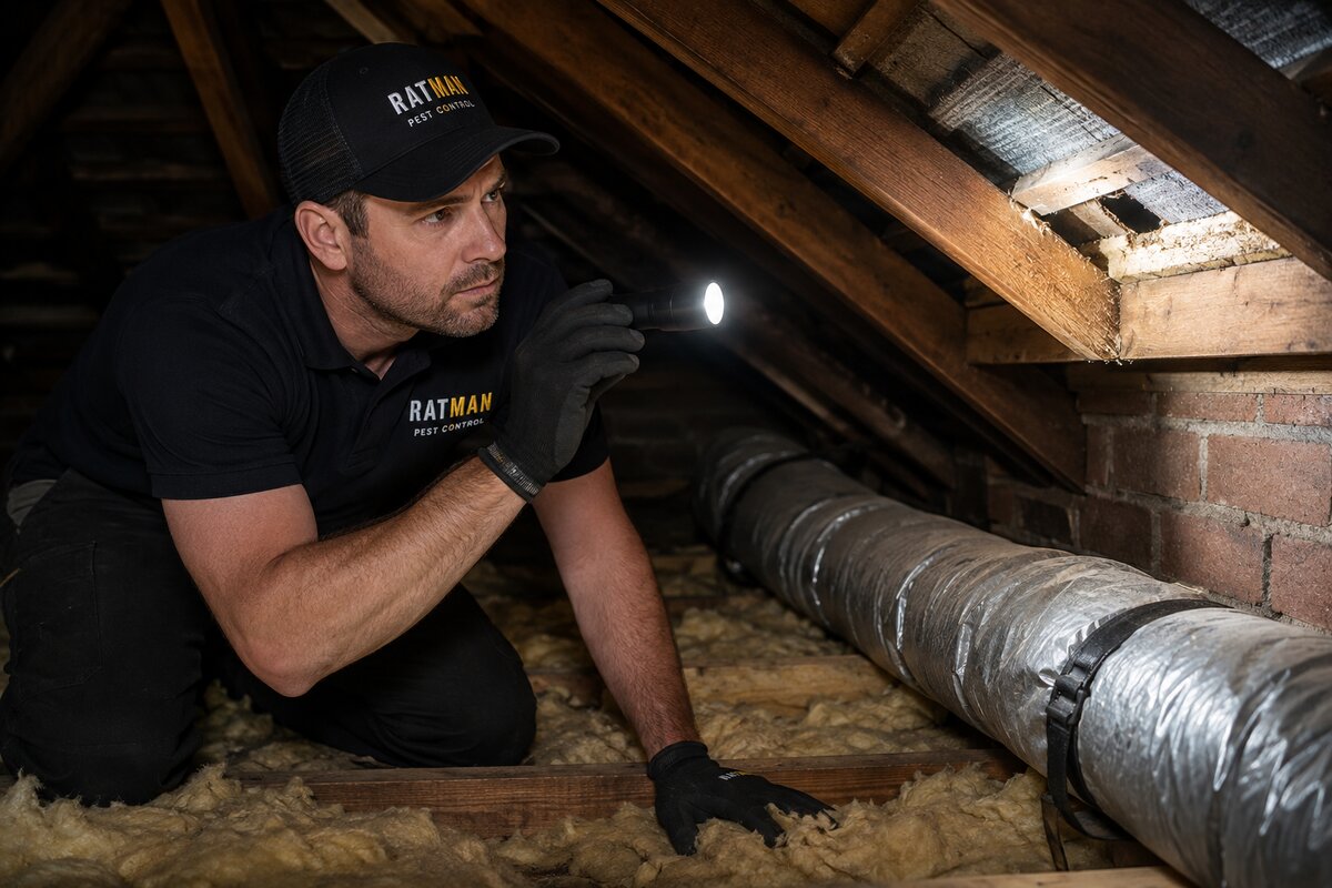 Ratman technician inspecting a potential rodent entry point at a Sydney home.