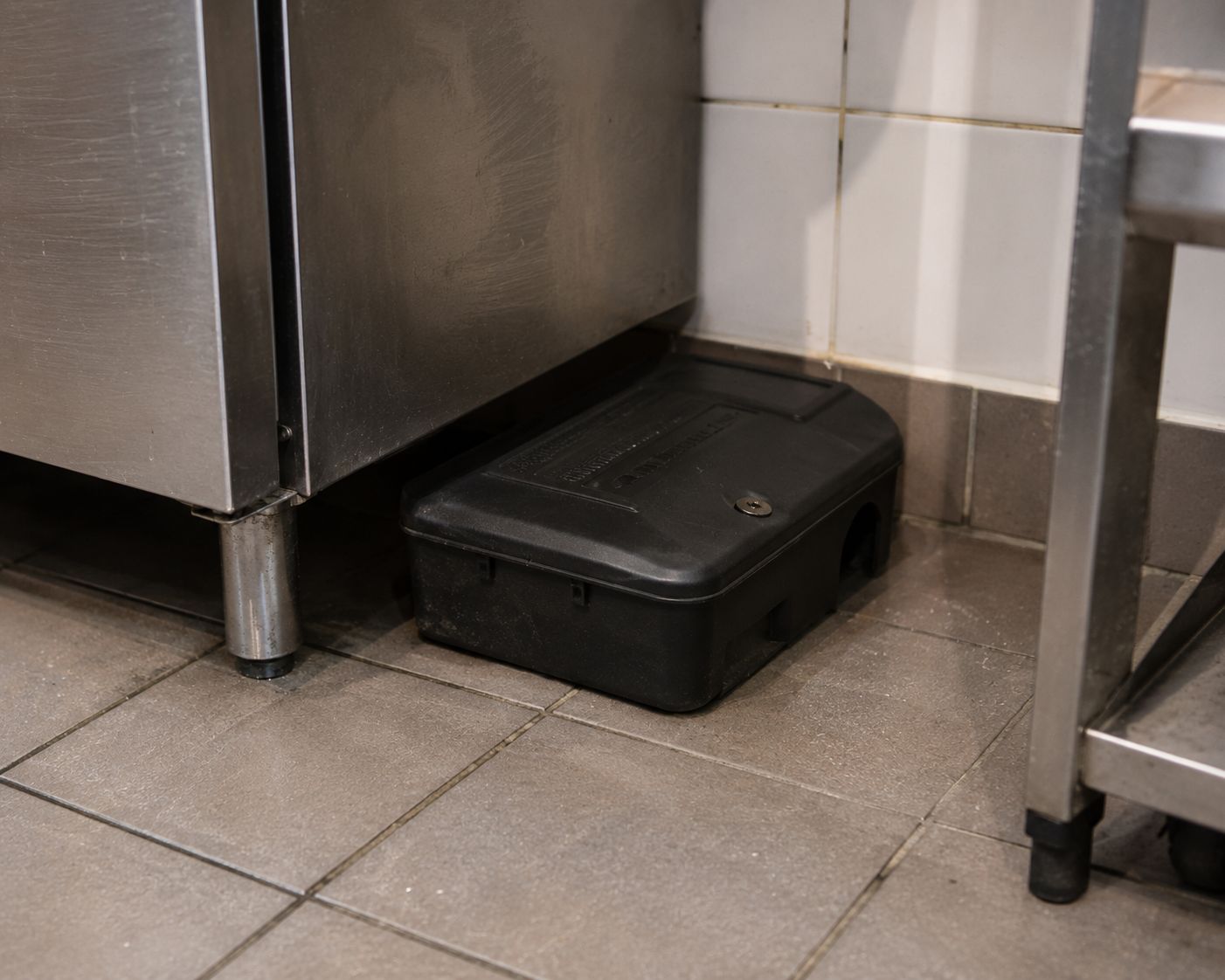 A black lockable mechanical trap station placed against the wall beside stainless kitchen equipment