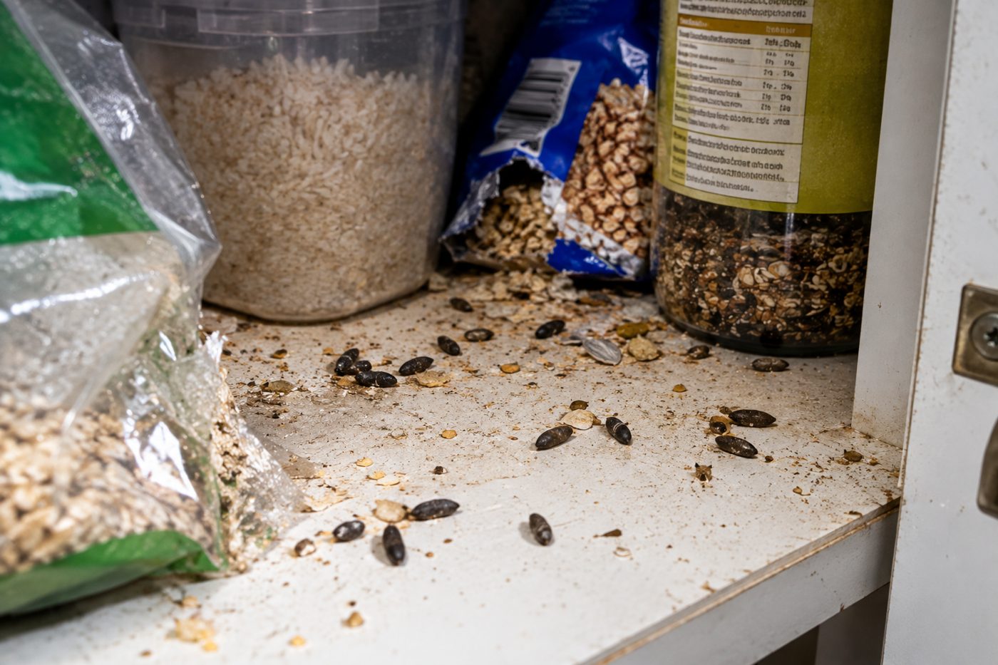 Rodent droppings on a pantry shelf beside stored food
