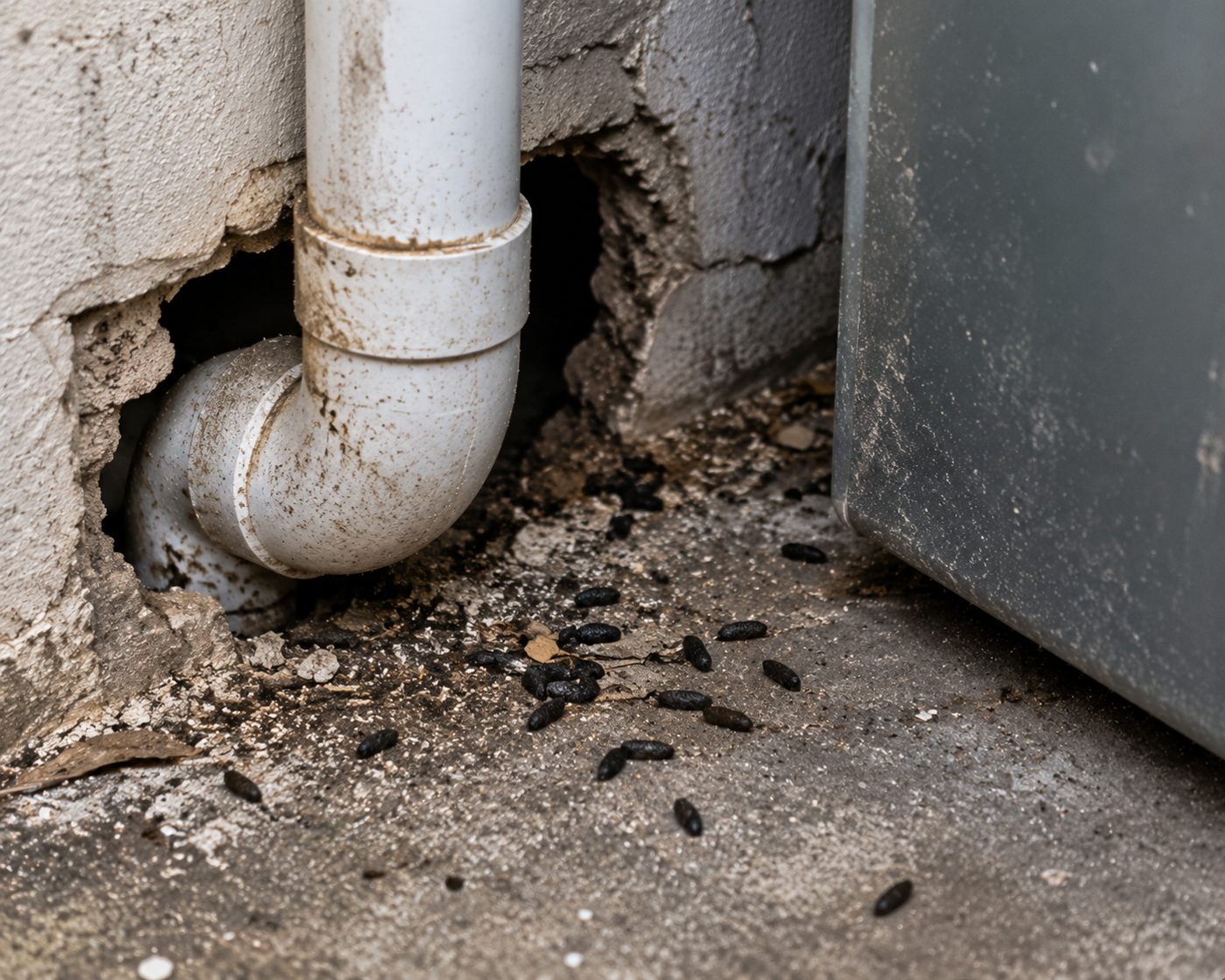 Rodent droppings along a garden shed shelf