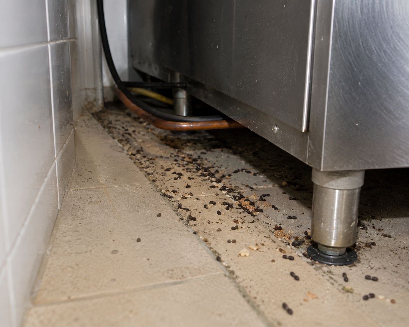 Rodent droppings and debris along the floor edge beneath commercial kitchen equipment