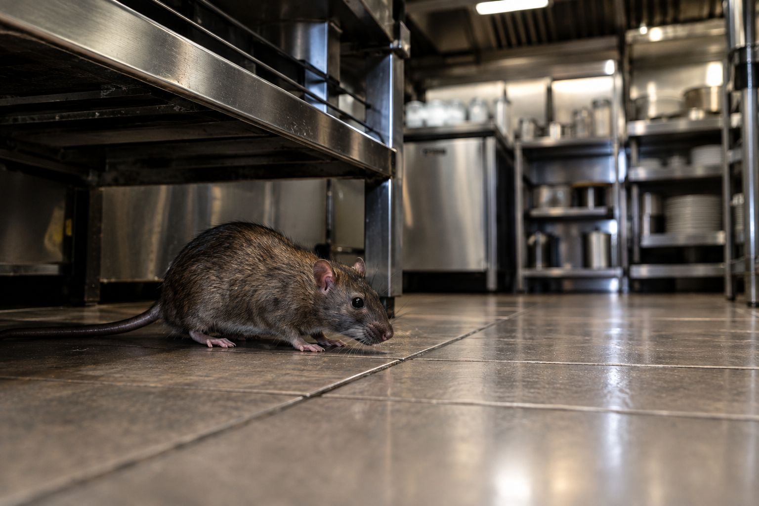 A rat on the tiled floor beneath stainless steel equipment in a commercial kitchen