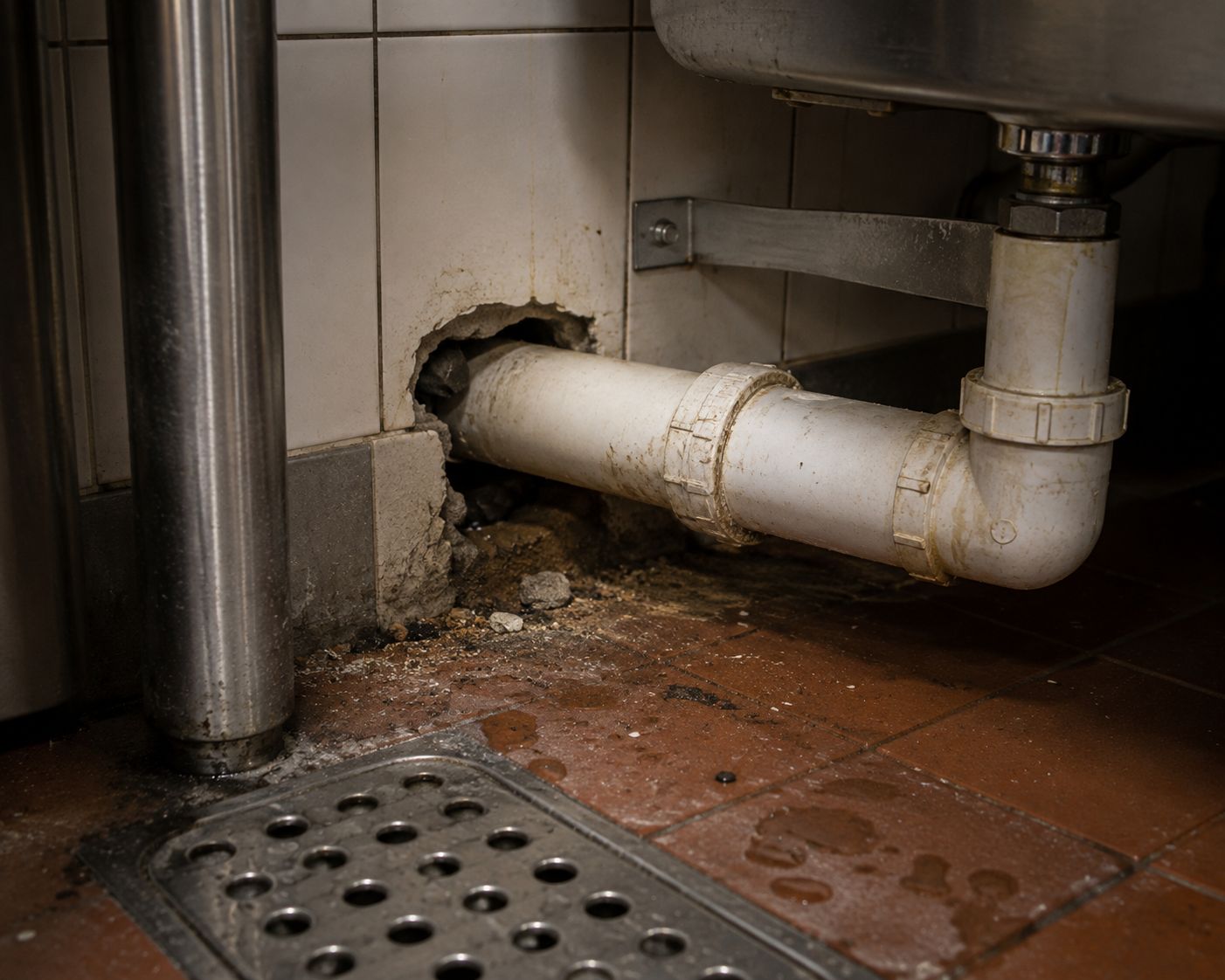 Broken tiling and an open gap in a kitchen wall where a waste pipe passes through beneath a stainless sink