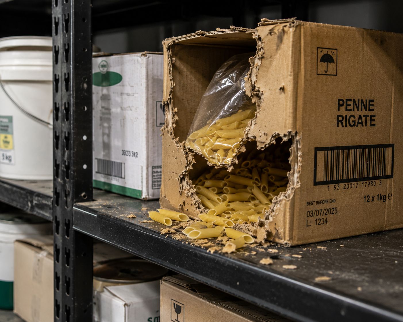 A cardboard carton of dry pasta gnawed open on a storeroom shelf with spilled contents