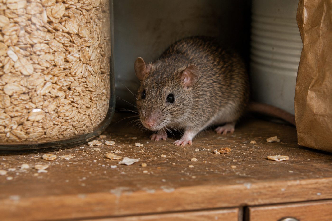 Mouse on a pantry shelf beside stored food in a Sydney home