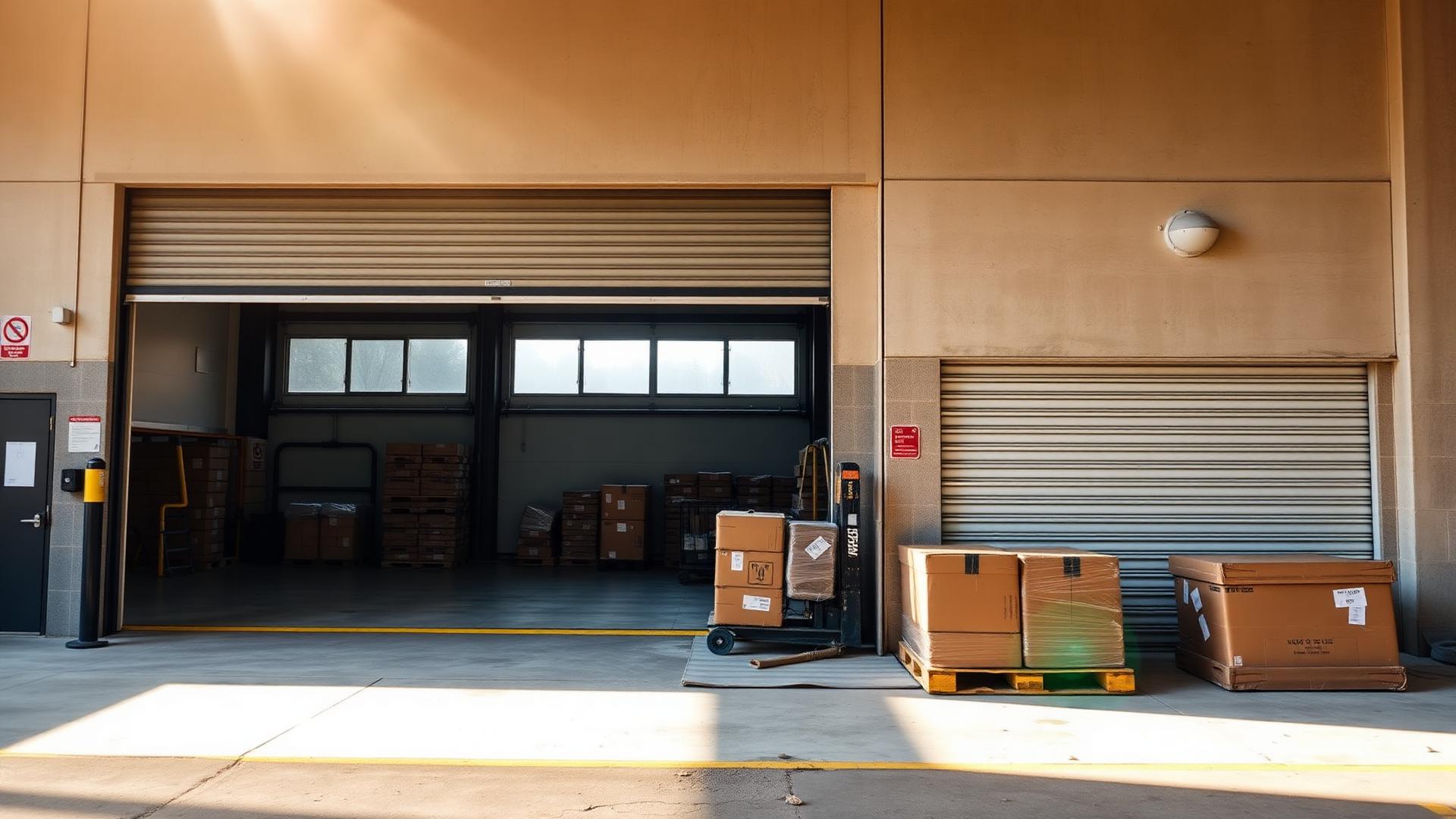 Commercial delivery bay with an open roller door, concrete apron and stacked pallets