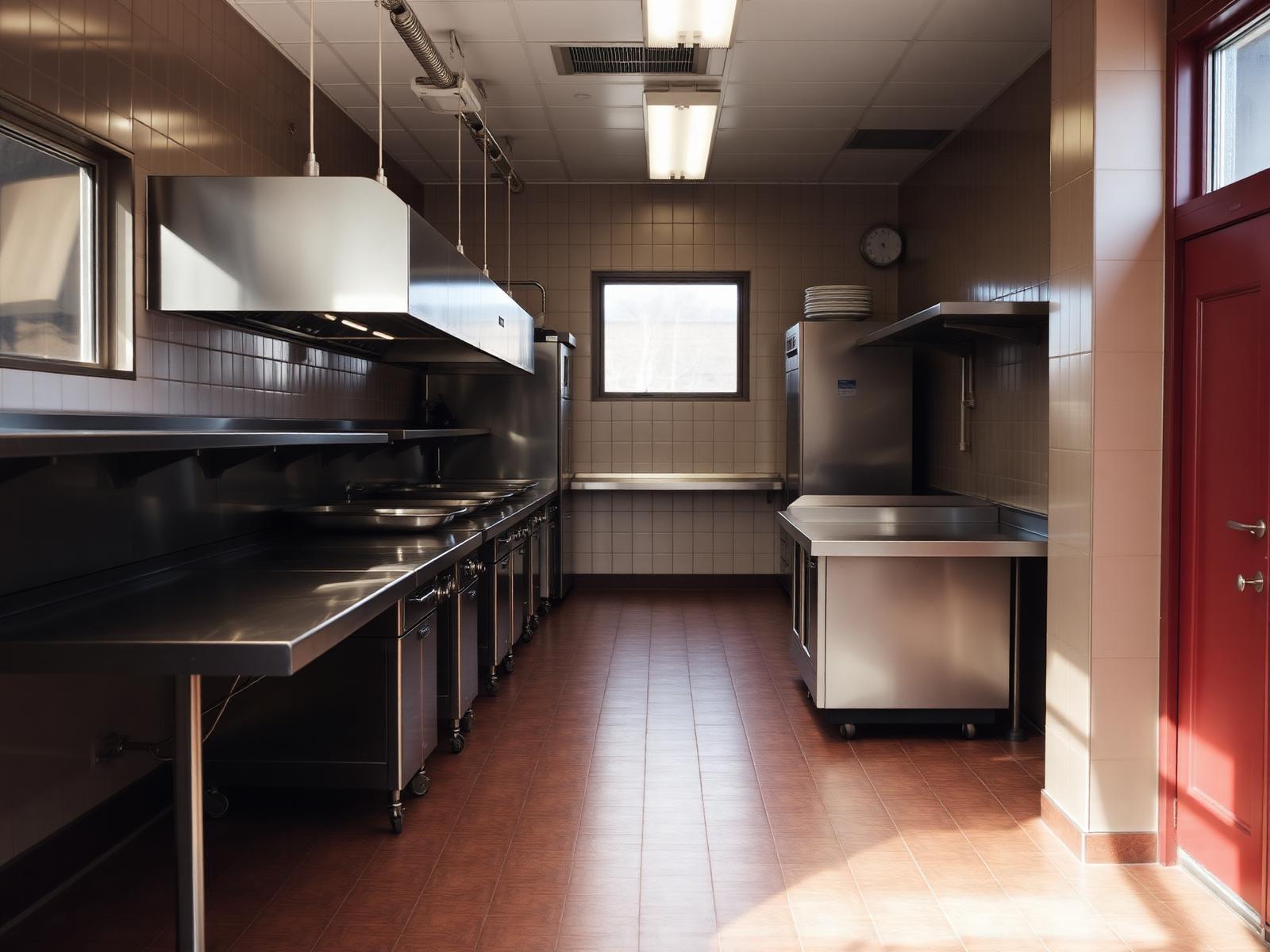 Commercial restaurant kitchen — stainless benches, prep line and pass under natural light