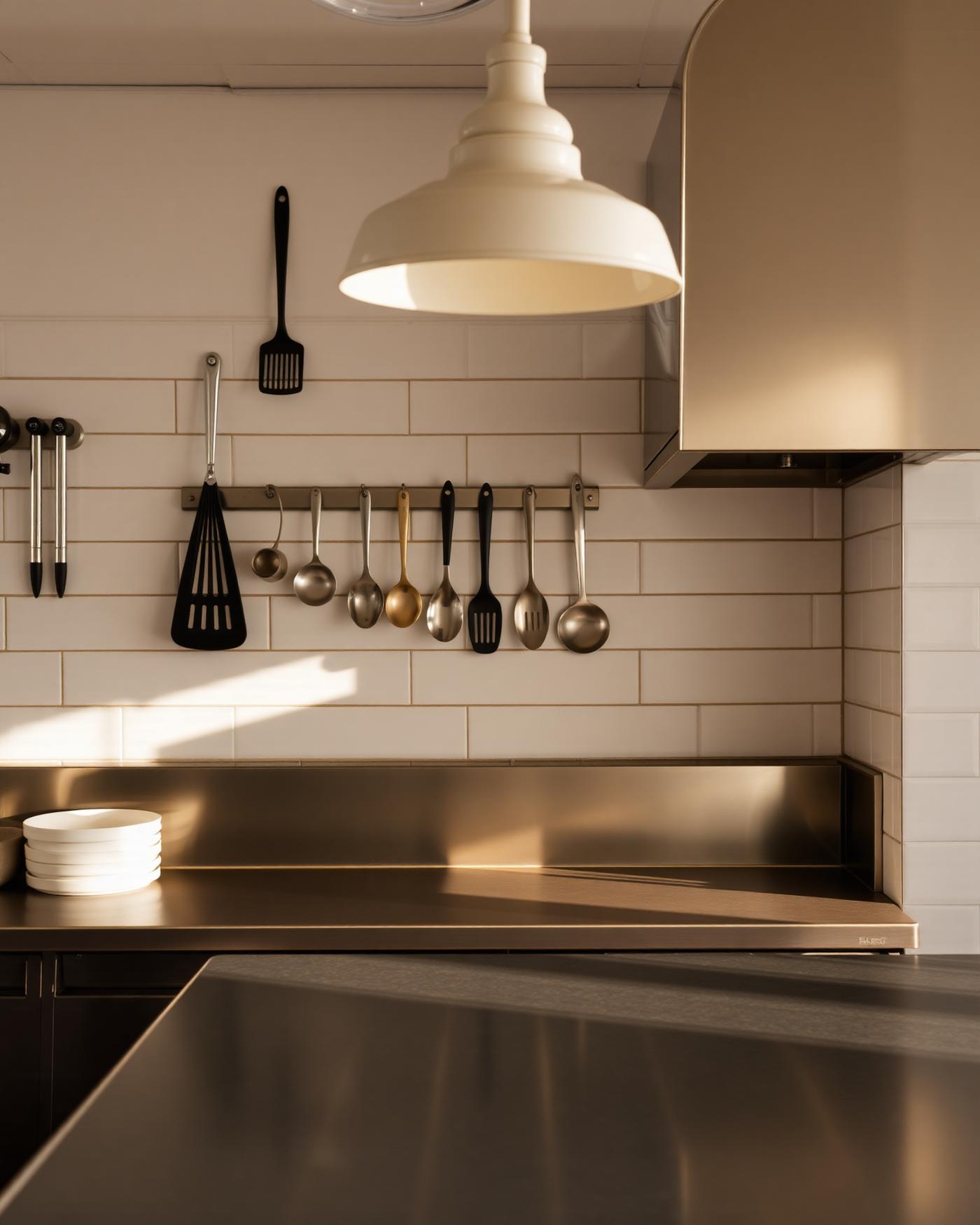 Commercial restaurant prep bench — stainless counter, subway-tiled wall and hanging utensils in natural light