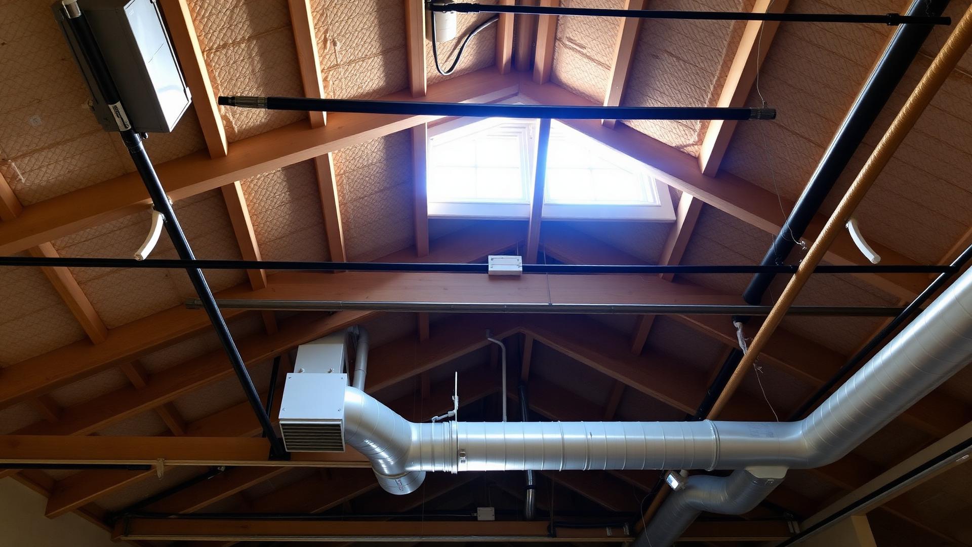 Commercial roof space showing timber trusses, insulation, ductwork and service cabling