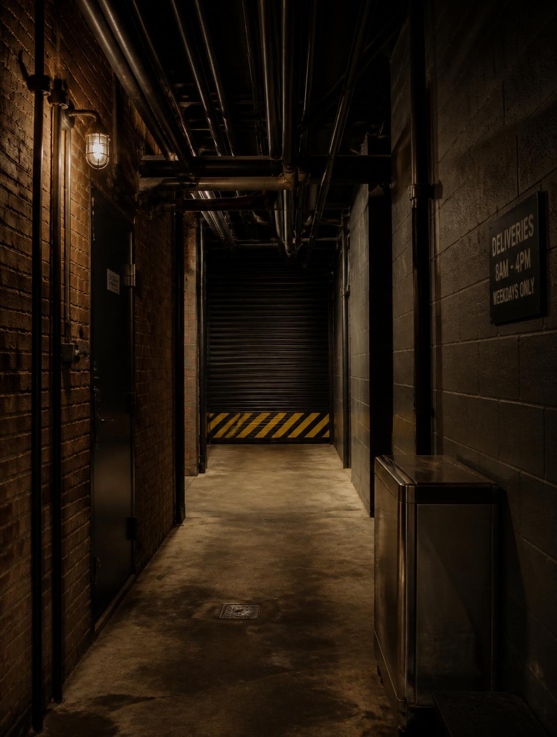 Back-of-house service corridor with tiled floor, roller doors and service access