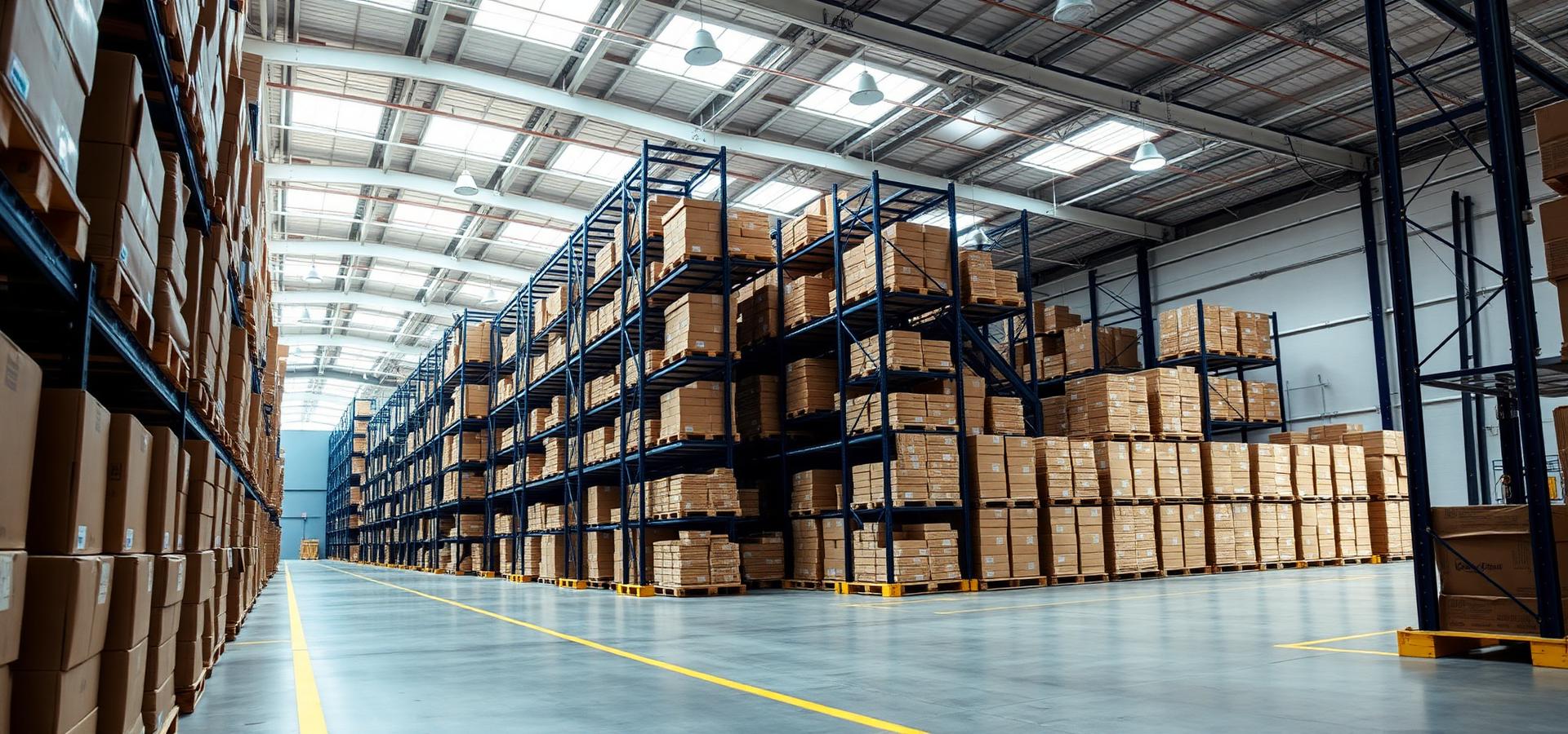 Commercial warehouse racking with cardboard boxes on pallets and yellow floor markings